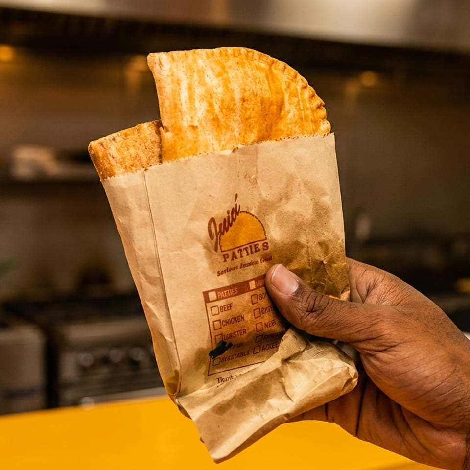 Hand holding a Juici Patties beef patty in a branded paper bag, with a blurred restaurant kitchen behind.