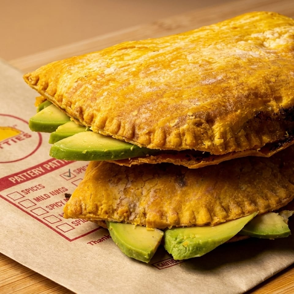 Stacked golden Juici Patties with fresh avocado slices on a branded paper bag.