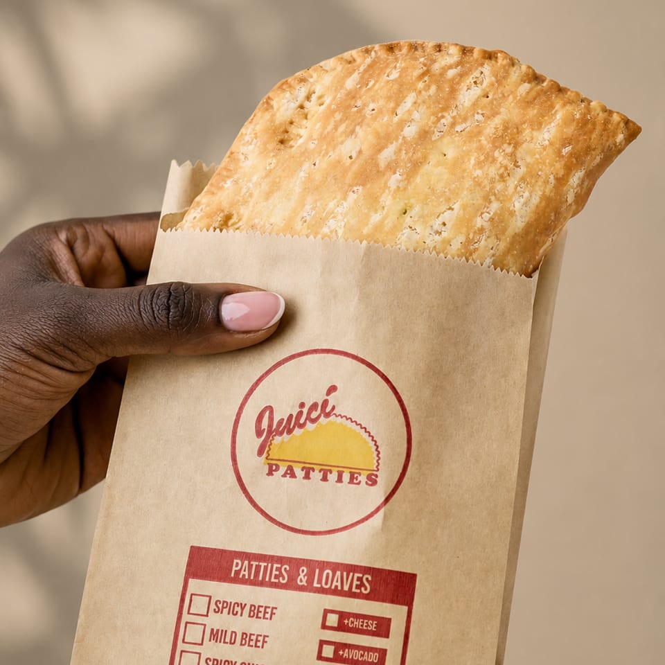 Hand holds a golden flaky patty in branded Juici Patties packaging, featuring a menu of patty flavors and toppings.
