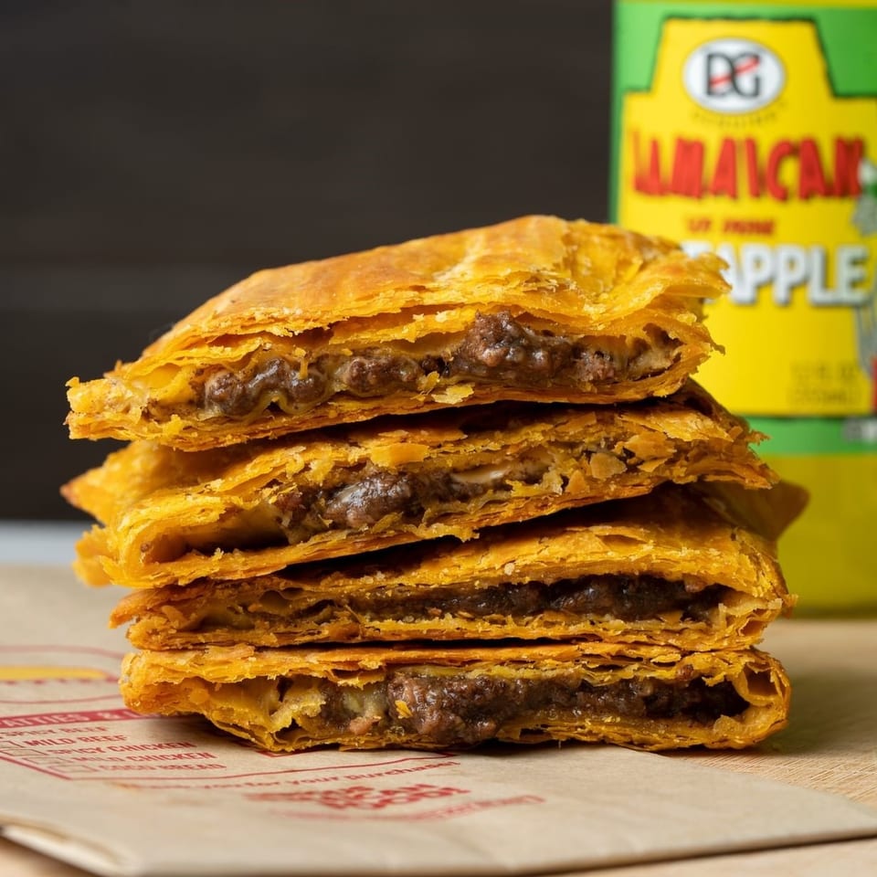 Stack of flaky beef-filled pastries served with a can of sparkling grapefruit soda on a wooden table.