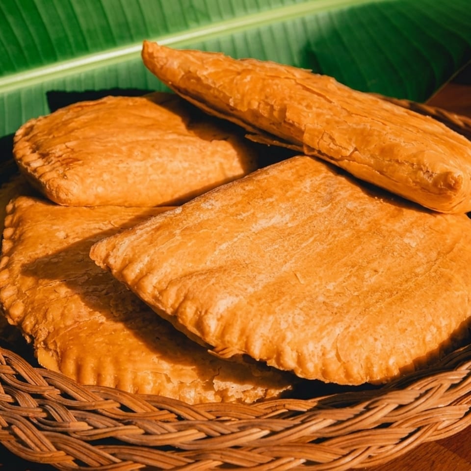 Several golden pastries in a woven basket, with a green banana leaf in the background.