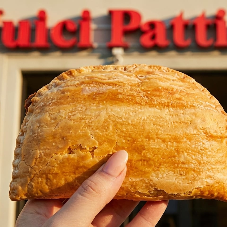Hand holding a golden patty in front of the red "Juici Patties" sign.