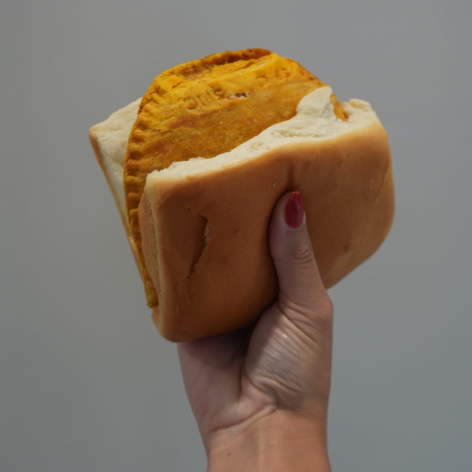 Hand holding a golden-brown baked sandwich on a soft white roll against a plain gray background.