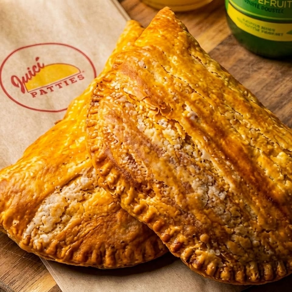Golden Juici Patties on a wooden board next to a branded paper bag and drink.