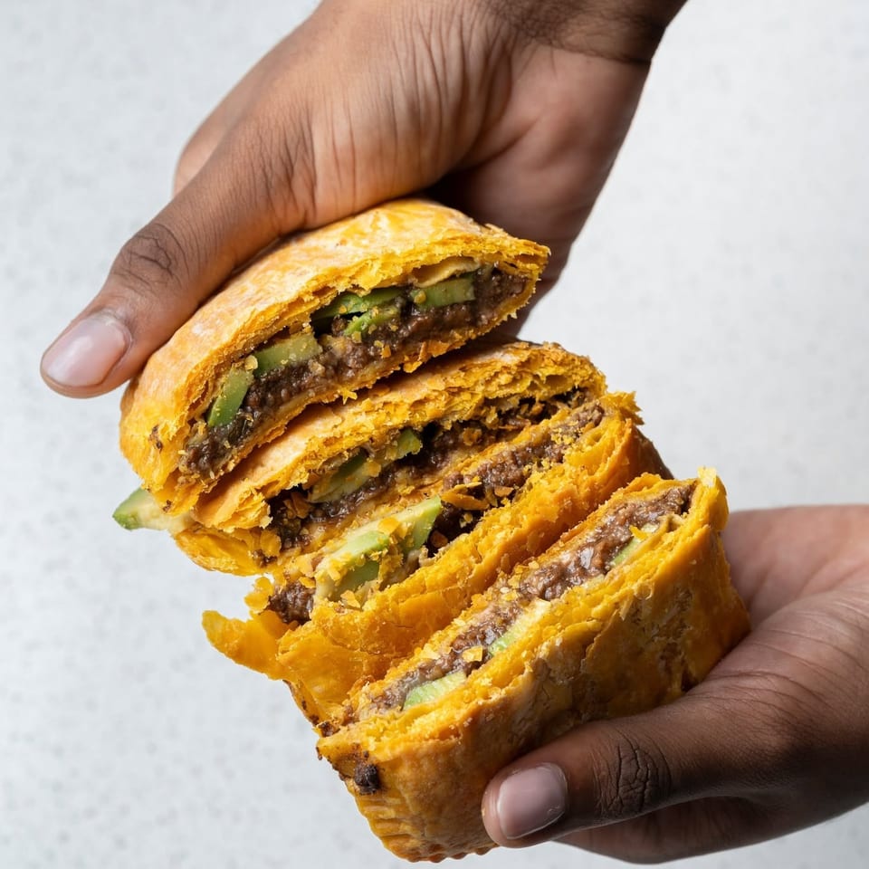 Hands hold sliced flaky pastries filled with seasoned minced meat and green peppers.