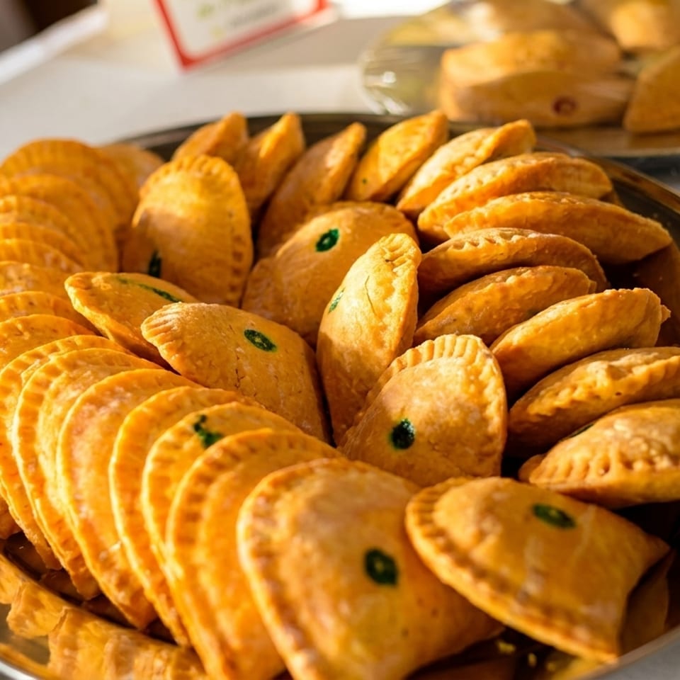 Golden chicken patties with green dots arranged on a silver platter, with a product box.