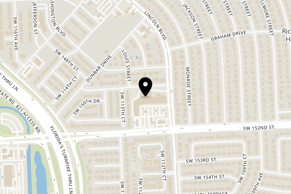 Map showing the location of Juici Patties South Miami on 11257 SW 152nd St in Miami