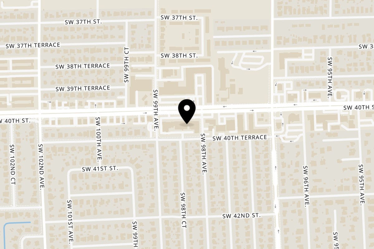 Map showing the location of Juici Patties Bird Rd, Miami on 9842 SW 40th St in Miami