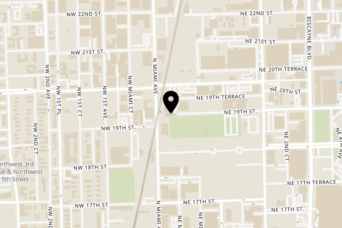 Map showing the location of Juici Patties Wynwood, Miami on 1900 NE Miami Ct Unit 1 in Miami