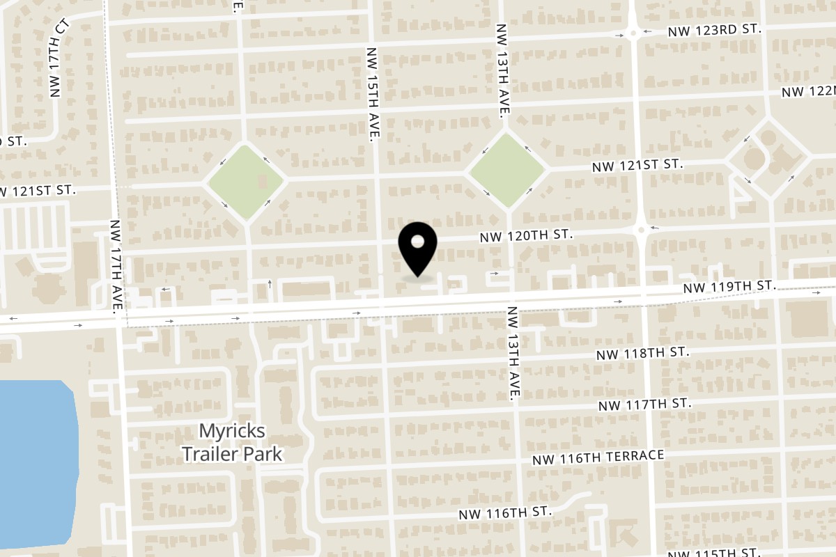 Map showing the location of Juici Patties North Miami on 1401 NW 119th St in North Miami