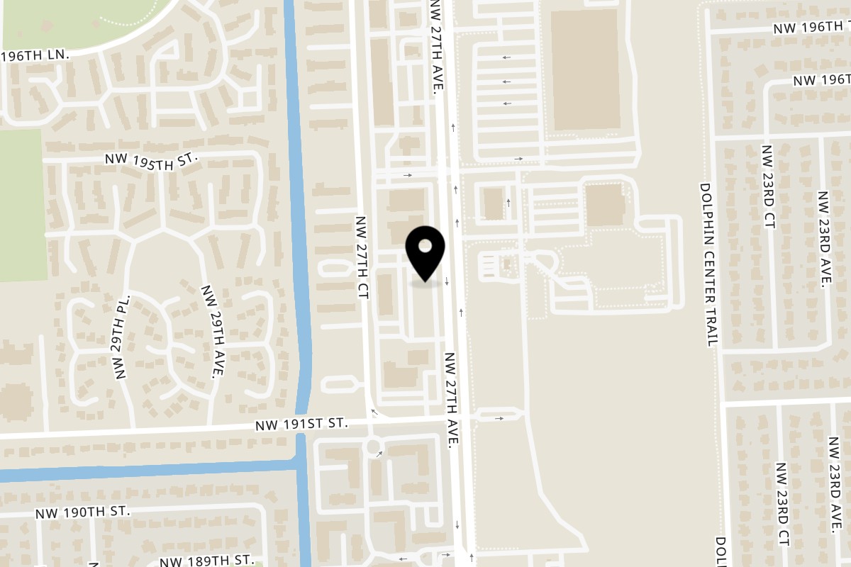 Map showing the location of Juici Patties Miami Gardens on 19184 NW 27th Ave in Miami Gardens