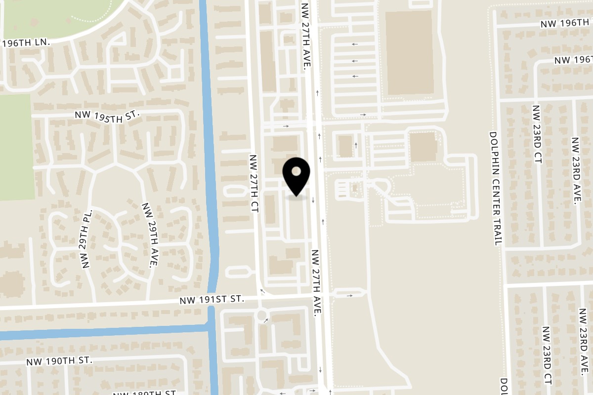 Map showing the location of Juici Patties Miami Gardens on 19282 NW 27th Ave in Miami Gardens