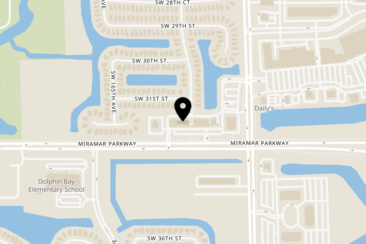 Map showing the location of Juici Patties West Miramar on 16327 Miramar Pkwy in Miramar