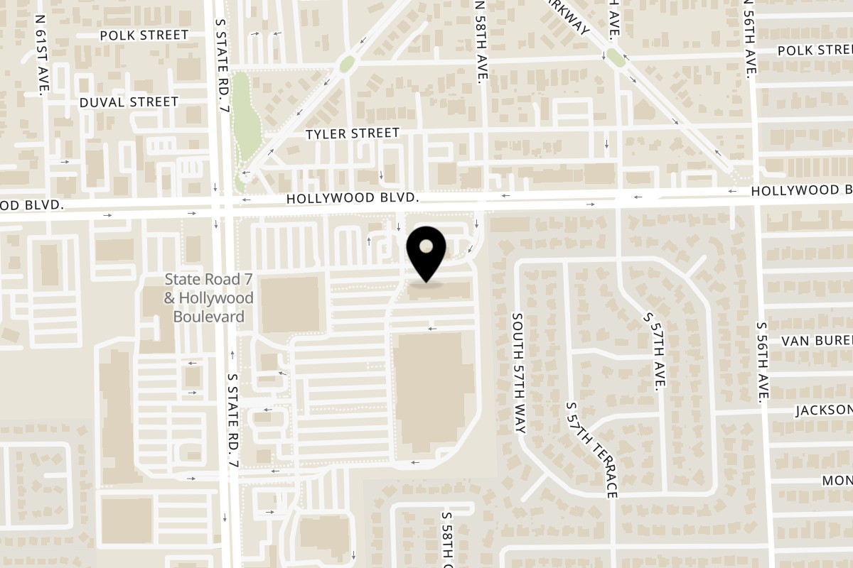 Map showing the location of Juici Patties Hollywood on 5830 Hollywood Blvd in Hollywood