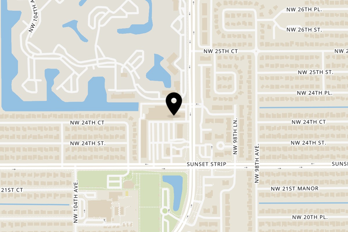 Map showing the location of Juici Patties Sunrise on 10041 Sunset Strip in Sunrise