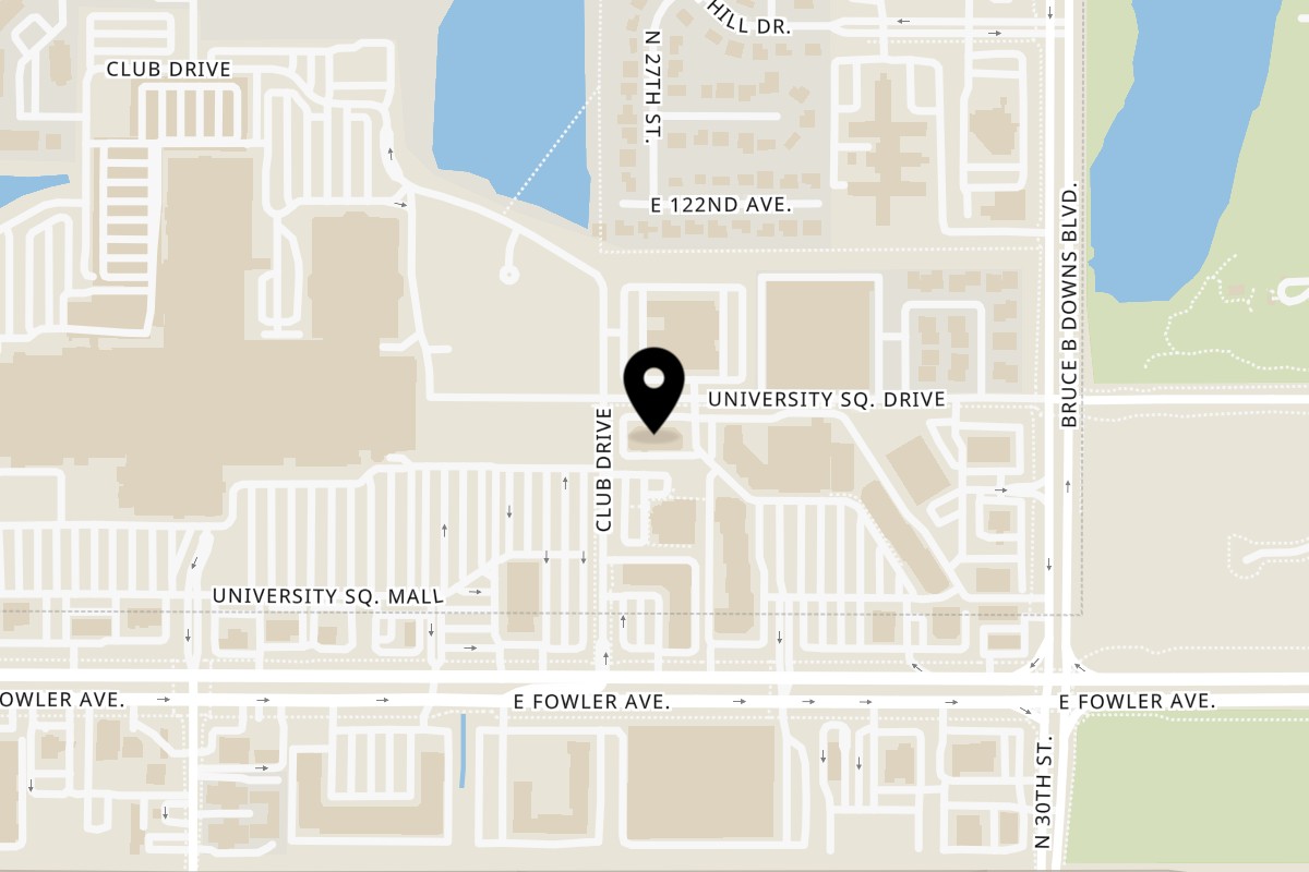 Map showing the location of Juici Patties Tampa on 2705 University Square Dr in Tampa