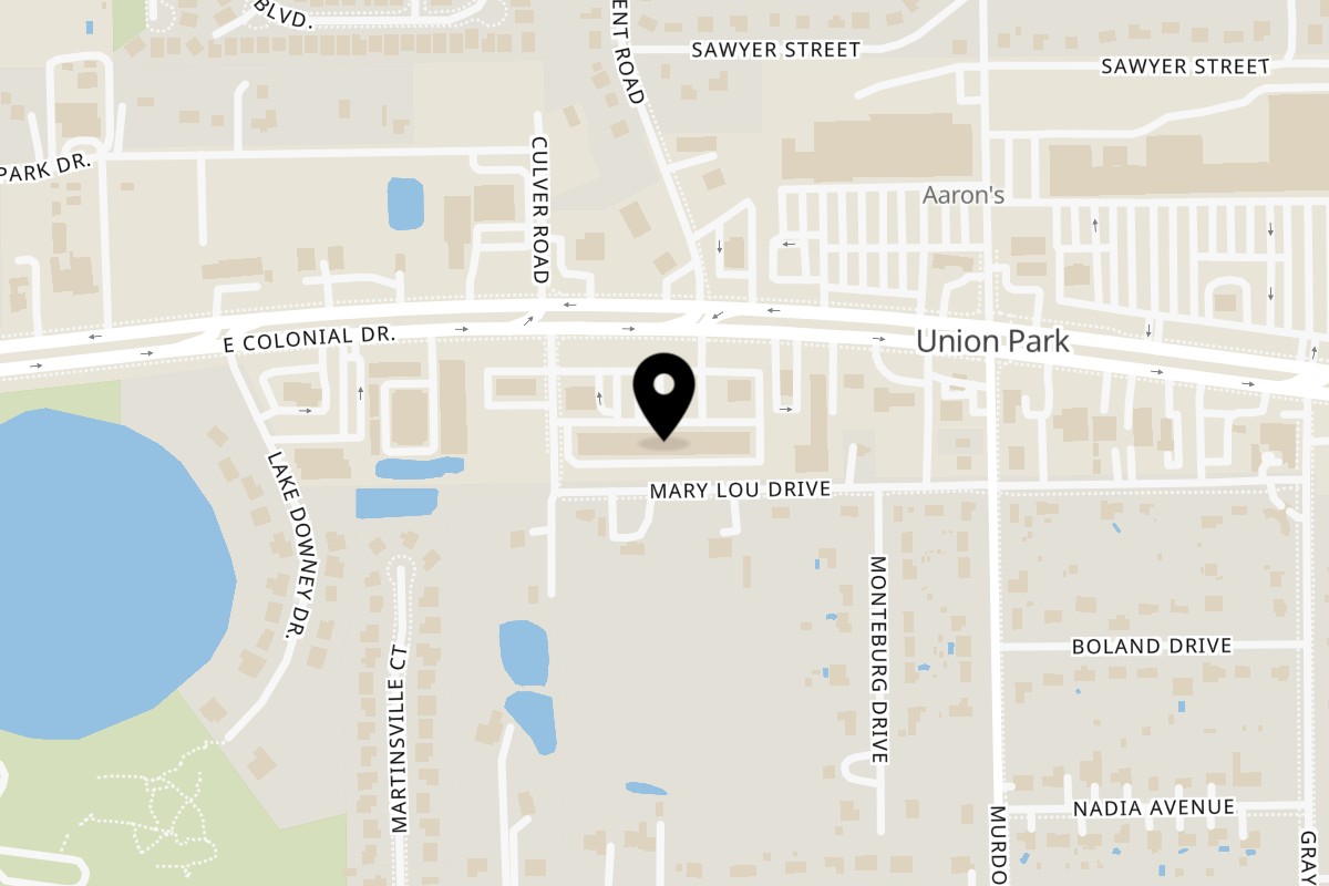 Map showing the location of Juici Patties East Colonial, Orlando on 10376 E Colonial Dr in Orlando
