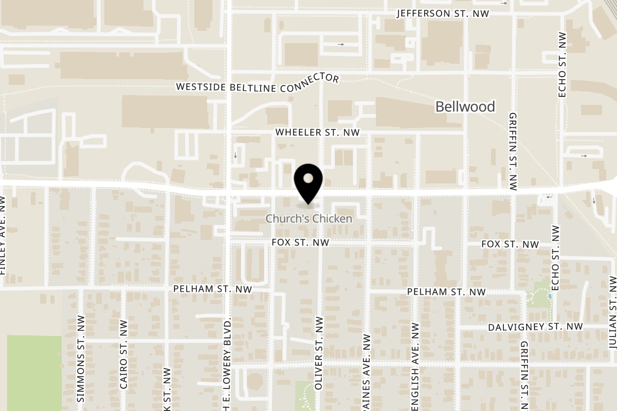 Map showing the location of Juici Patties Donald Lee Parkway, Atlanta on 860 Donald Lee Hollowell Pkwy NW in Atlanta
