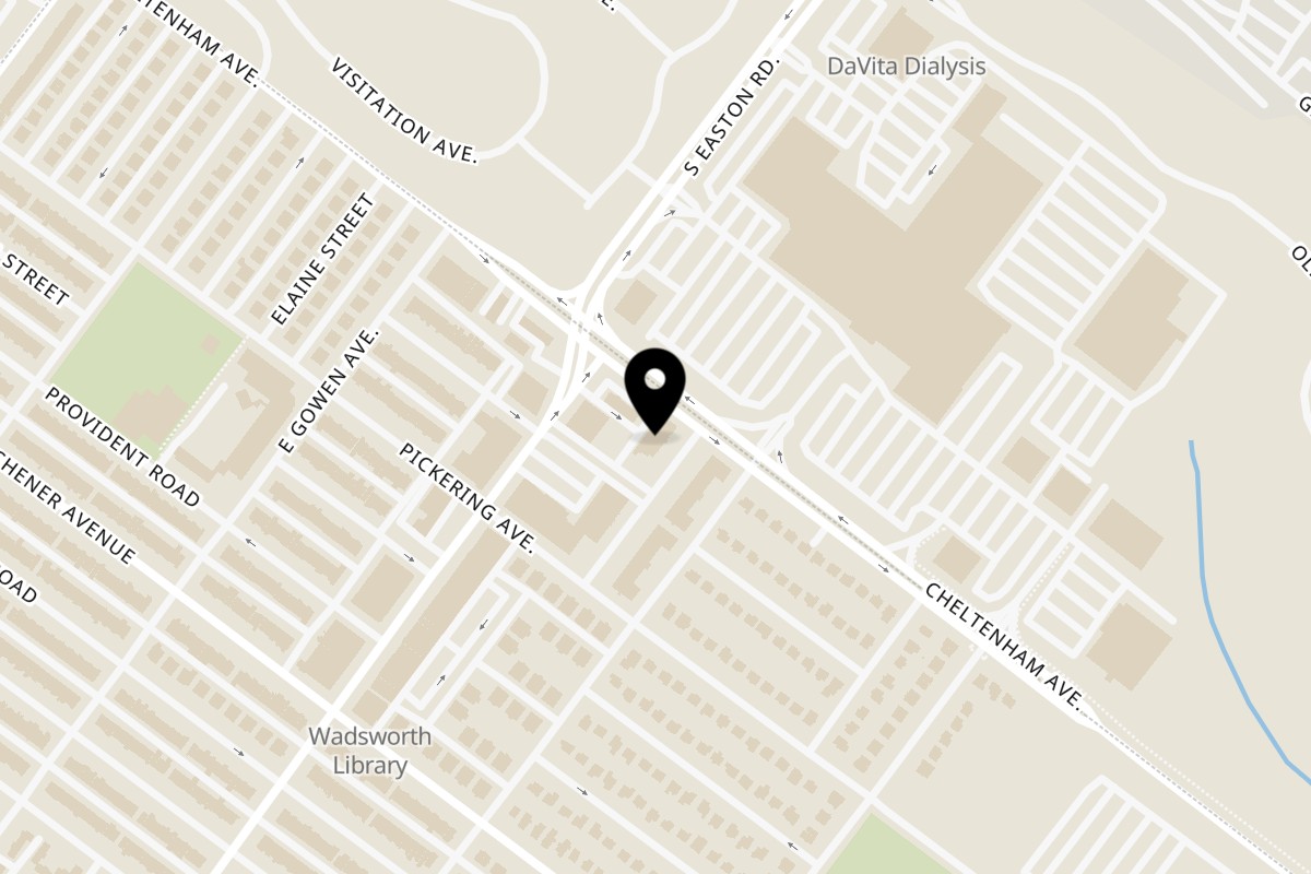 Map showing the location of Juici Patties Philadelphia on 3110 W Cheltenham Ave in Philadelphia