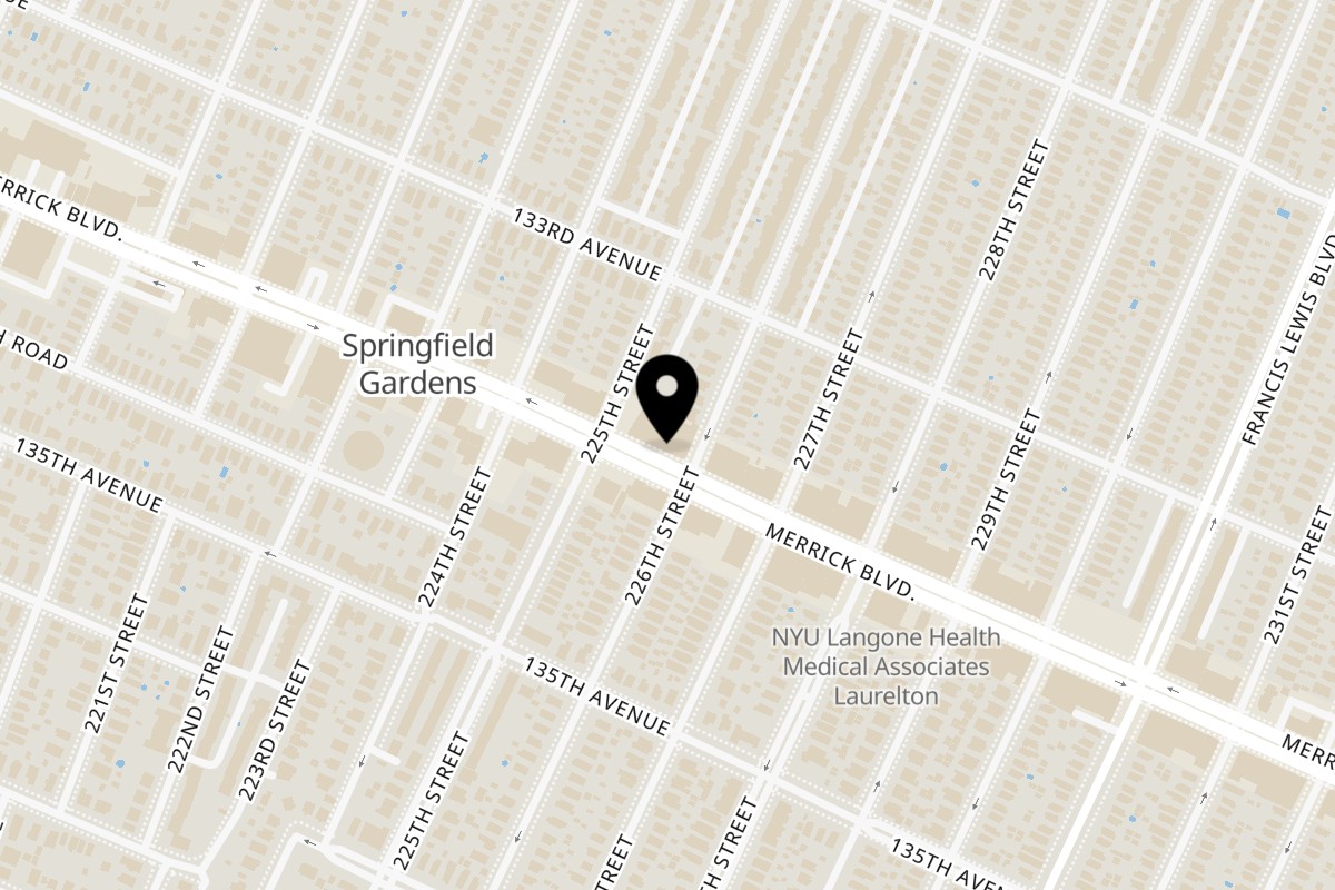 Map showing the location of Juici Patties Laurelton/Merrick BLVD on 225-19 Merrick Blvd in Laurelton