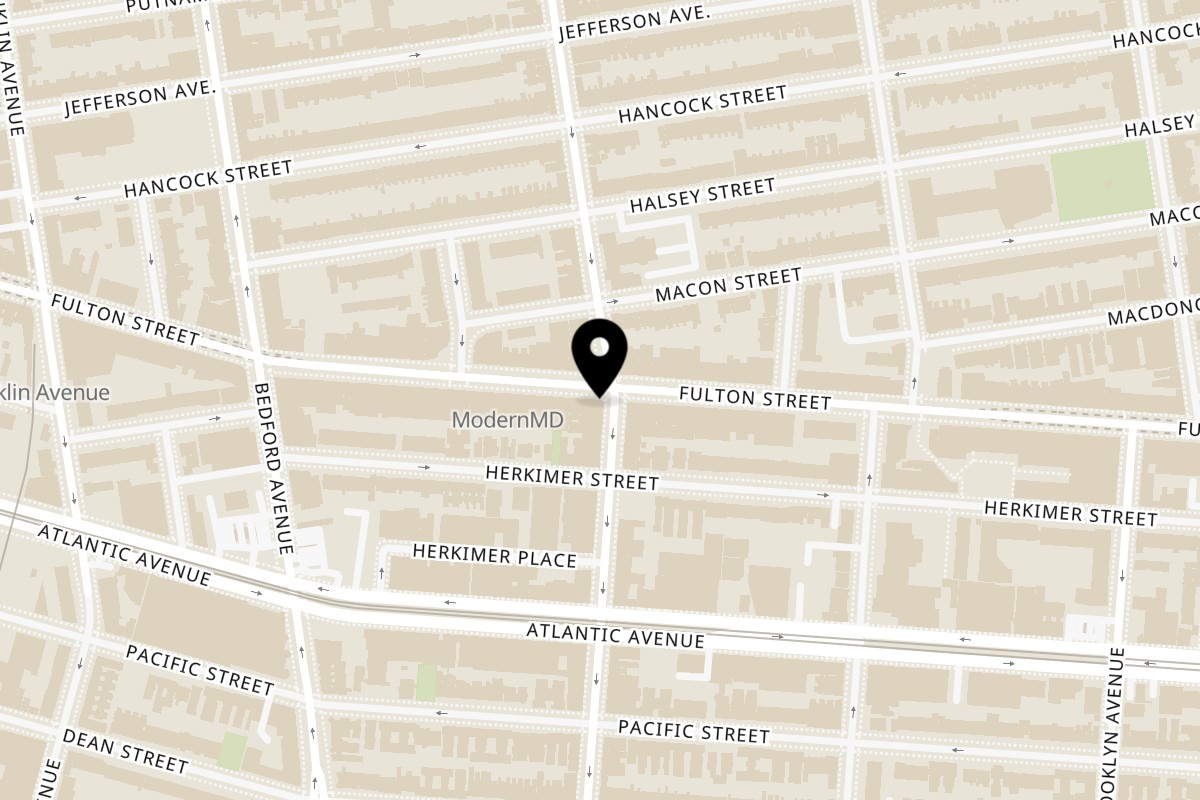 Map showing the location of Juici Patties Bed Stuy Location on 1293 Fulton St in Brooklyn