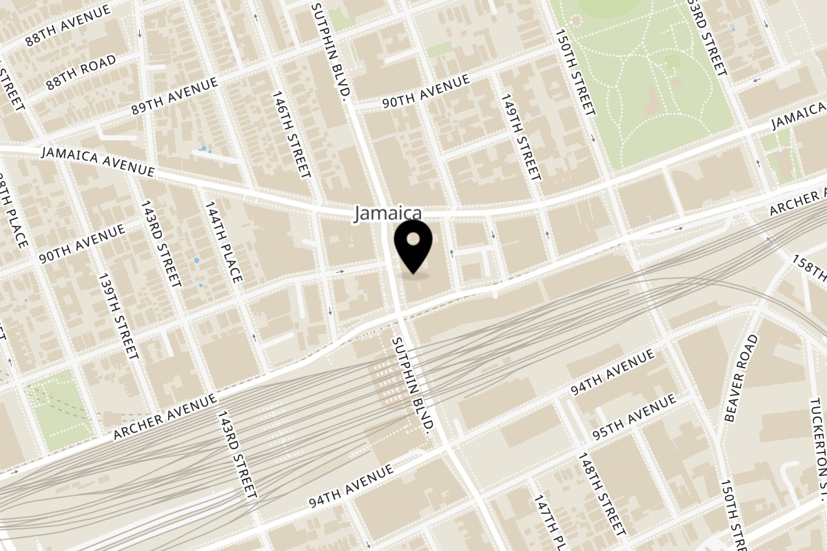 Map showing the location of Juici Patties Jamaica, Queens on 90-77 Sutphin Blvd in Jamaica
