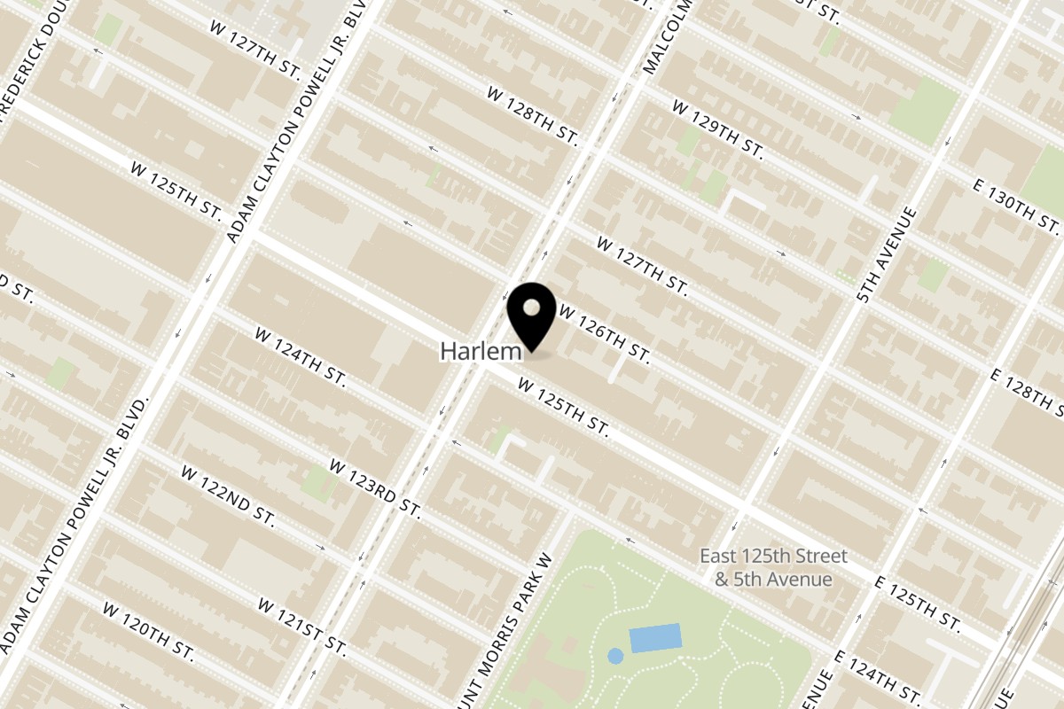 Map showing the location of Juici Patties Harlem, NY on 79 W 125th St in New York