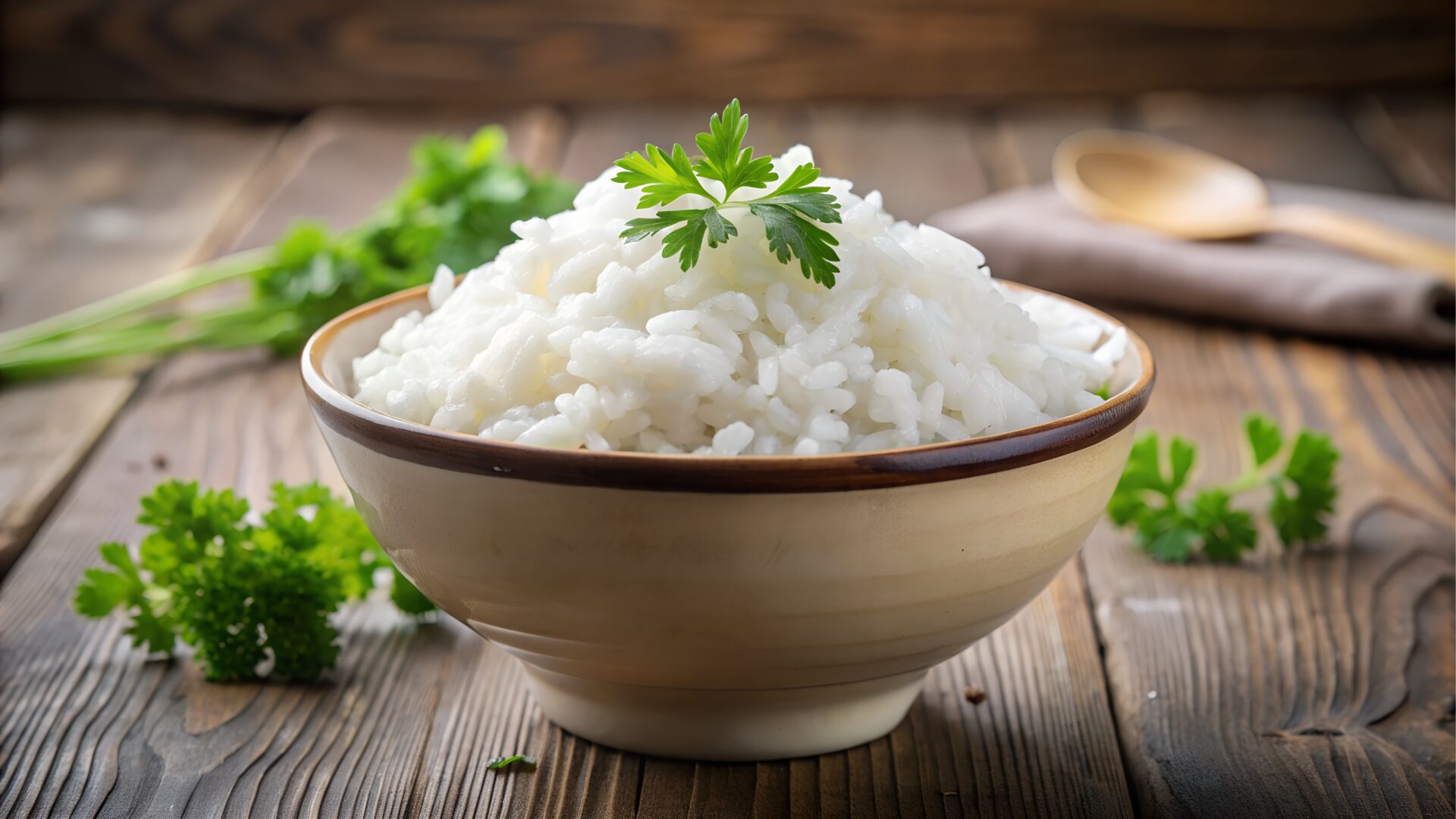 Bowl of fluffy white rice with parsley garnish